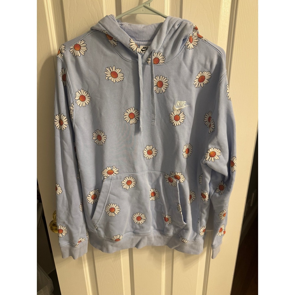 Nike Womens Daisy Floral Print Hoodie Light Blue Pullover Sweatshirt Medium